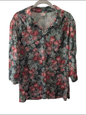 Vintage 70s Floral Lace Illusion Top 3/4 Sleeve Red Pink Blue & Black Haband!